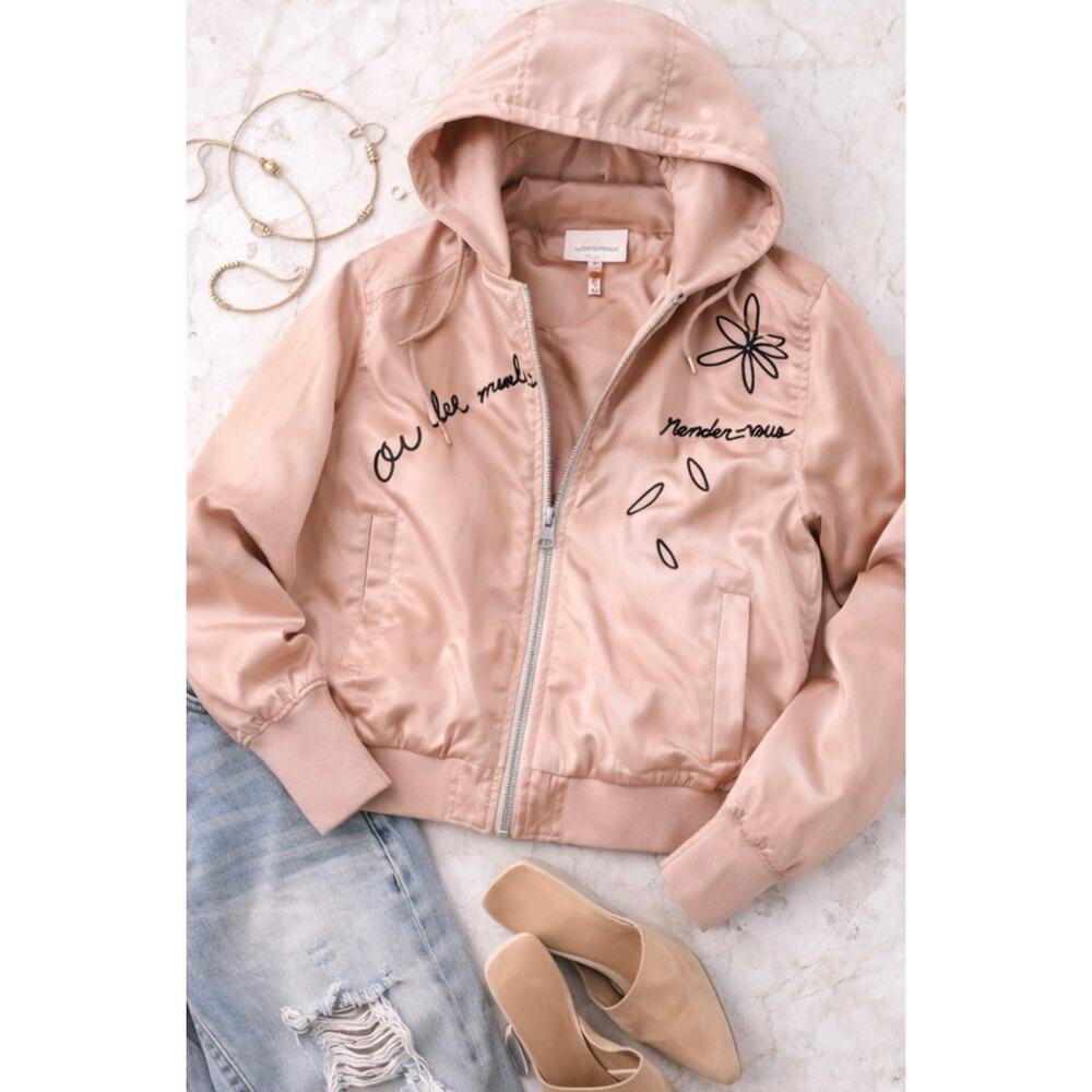 Cinq à Sept Embroidered Satin Bomber Jacket Pink Hooded Zip Up Graphic Size M